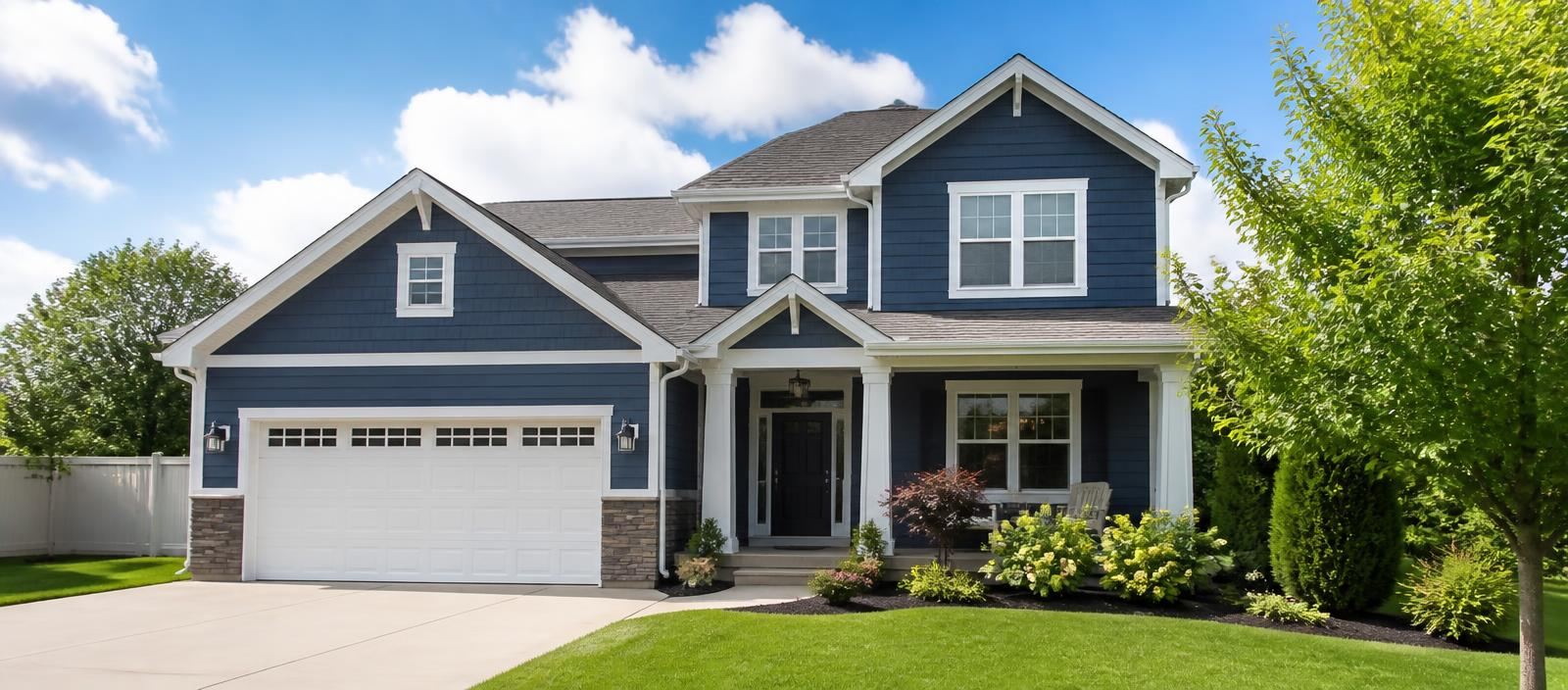 Navy blue two-story rental home with white trim on a bright sunny day