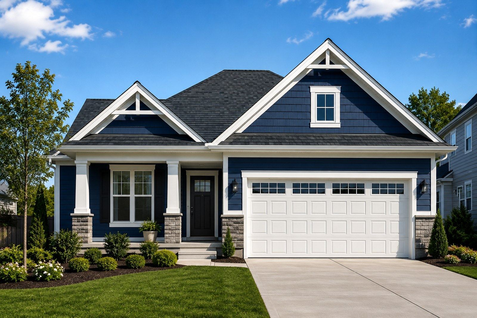 Navy blue single-family rental home with a white front porch and garage